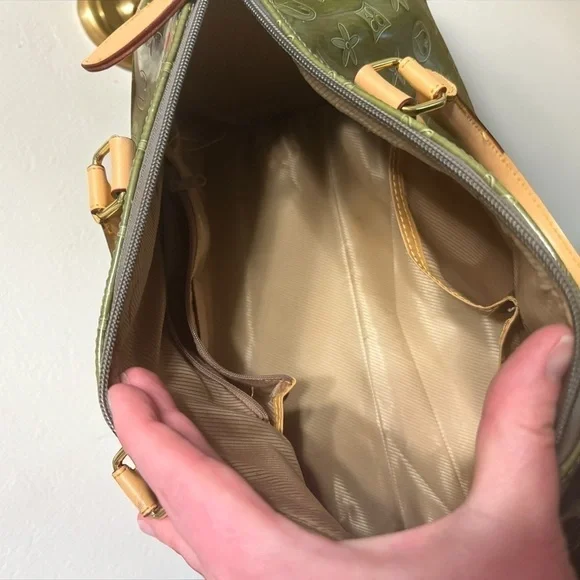 Vintage Olive Green Patent Monogram Satchel Speedy Style Y2K Glossy Handbag - Picture 14 of 16